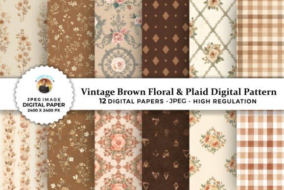 Download Brown Floral &amp; Plaid Digital Patterns - Premium Resources